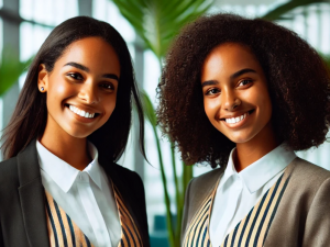 DALL·E 2024-06-27 09.22.58 - Two Caribbean administrative and reception employees, smiling and wearing professional outfits suited for the Guadeloupe climate. The outfits are sobe