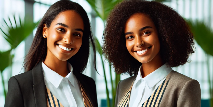 DALL·E 2024-06-27 09.22.58 - Two Caribbean administrative and reception employees, smiling and wearing professional outfits suited for the Guadeloupe climate. The outfits are sobe